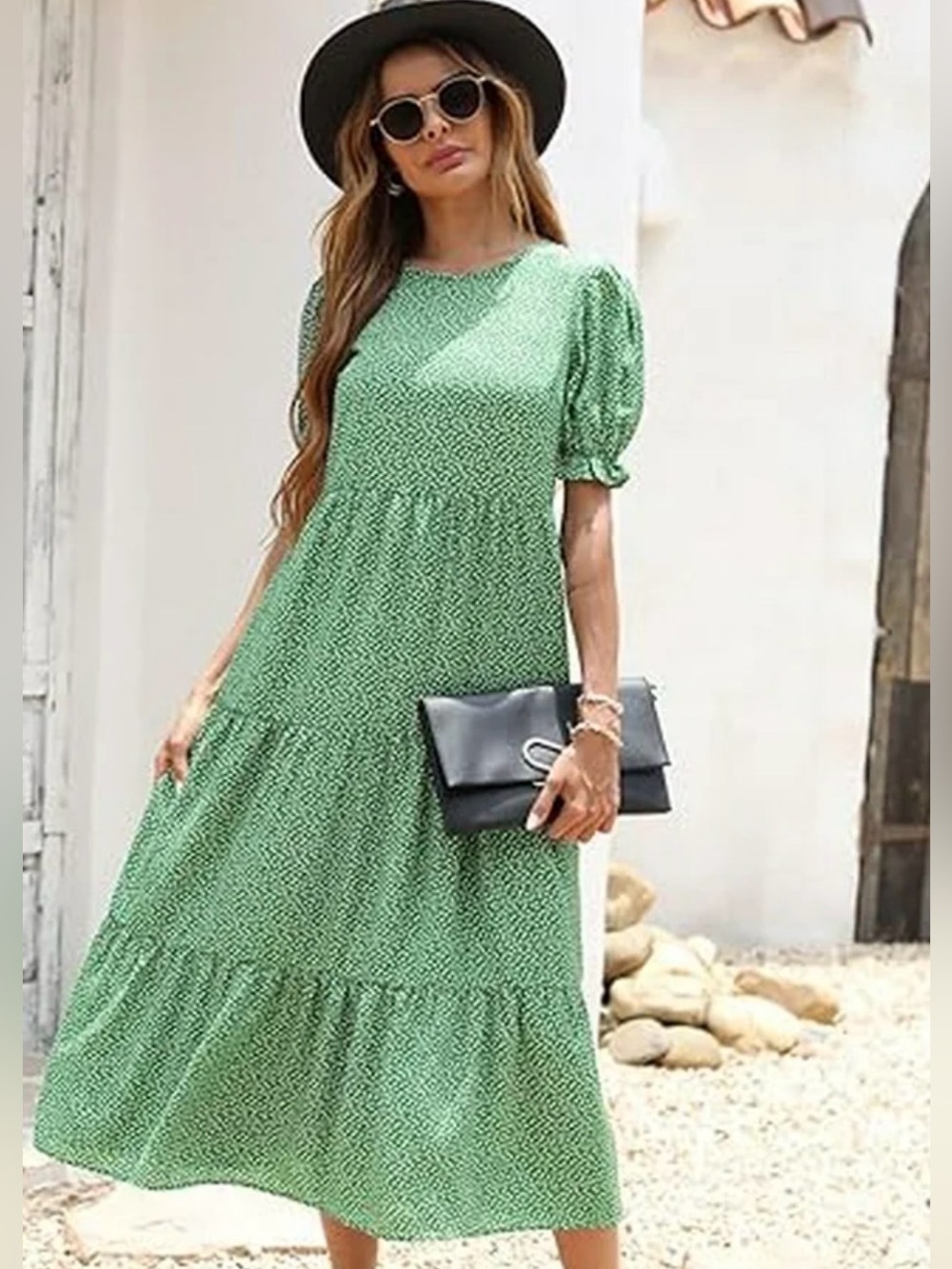 PRETTYGARDEN Summer Boho Dress Green floral Puff Short Sleeve midi stretch small